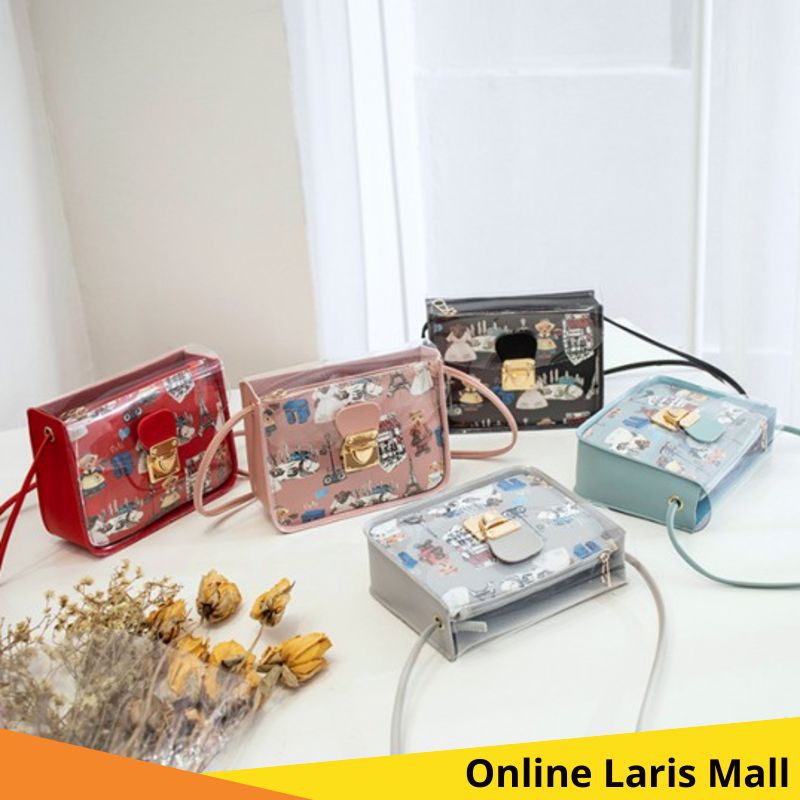 OLM - T390 TAS SELEMPANG TRANSPARAN MOTIF LONDON / TAS WANITA / TAS FASHION / TAS IMPORT BATAM