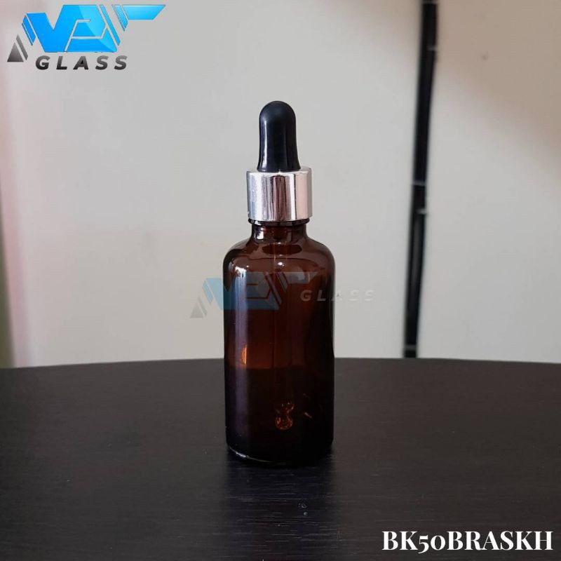 botol kaca pipet 50ml coklat / amber / botol tetes 50ml - ring almunium silver