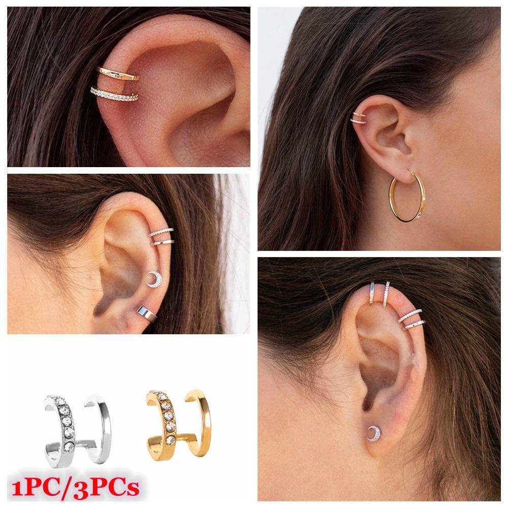 Solighter 1/3pcs CZ Cuff Earrings Fashion Hadiah Pesta Tanpa Tindik Double Band Ear Cuff