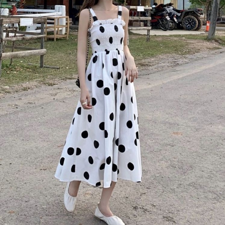 1570 Baju Maxi dress gaun pesta polkadot putih Korean style wanita import baju Maxi dress Smocked sm