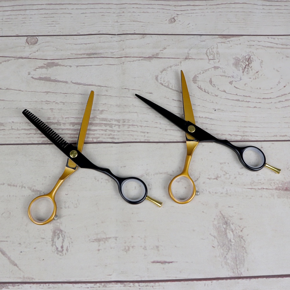 GS8u Mrtiger Gunting Rambut Professional Barber Hairdressing Scissors 5.5 Inch 2 Pcs - 440c - Black Gold Or-i