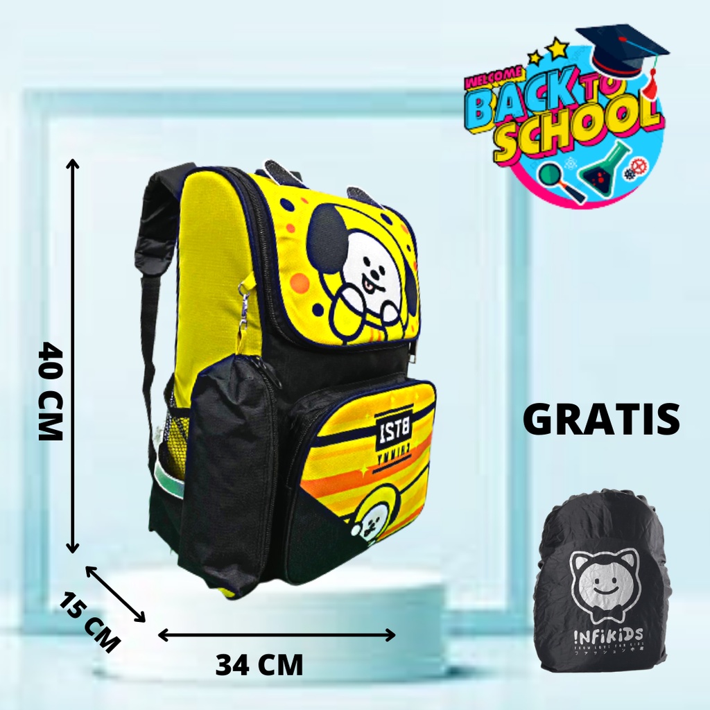 tas ransel anak laki laki SD karakter BT21 gratis jas hujan tas