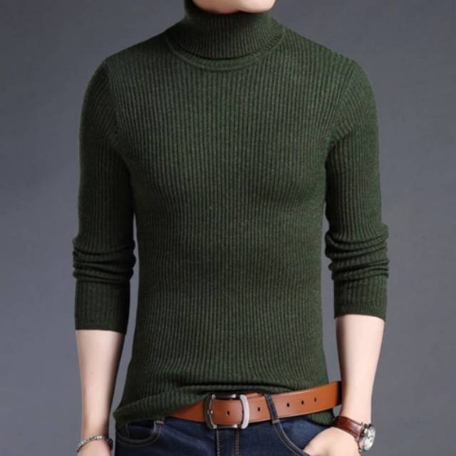  Sweater  Rajut  Pria Kerah Tinggi Motif Jalur Polos  