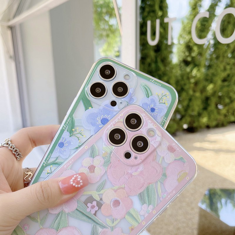 Pink &amp; Blue Beautiful Flowers Soft Case HP iP iPhone 11 12 13 Pro Max Mini 6 6S 7 8 + Plus SE 2020 X XR XS Max Fashion Clear Casing Apple