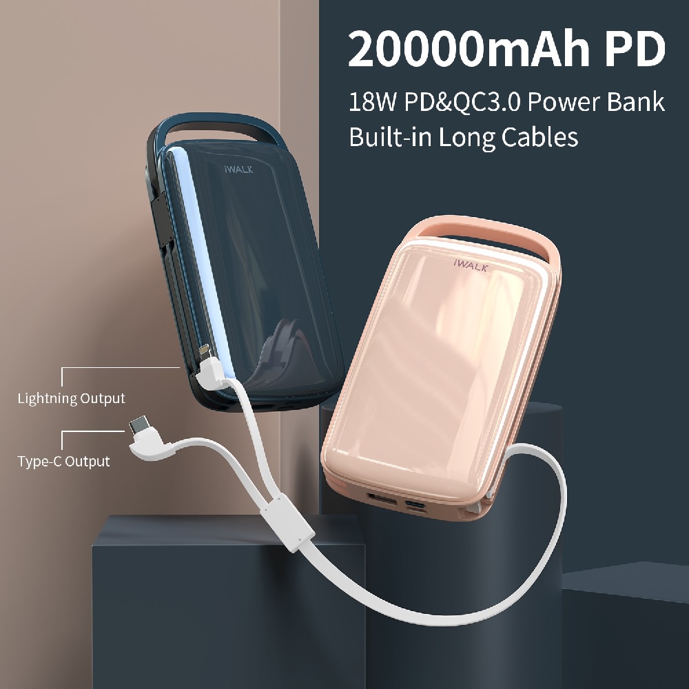 IWALK UBJ20000 - 20000mAh Built-in Cable Powerbank - Support PD 18W - Powerbank 20000mAh 18W PD &amp; Built-in Cable Lightning dan USB-C