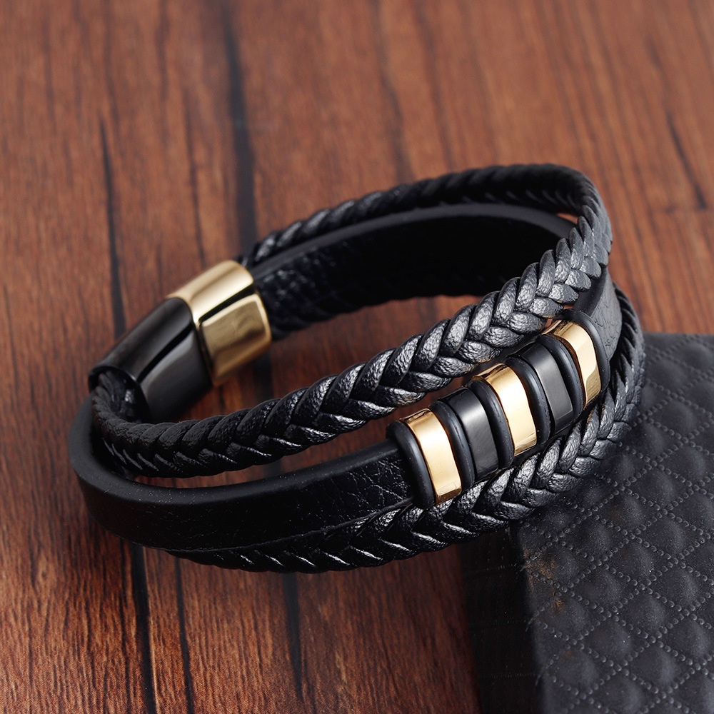 Gelang Multilayer Bahan Kulit Dan Stainless Steel Warna Emas Untuk Pria