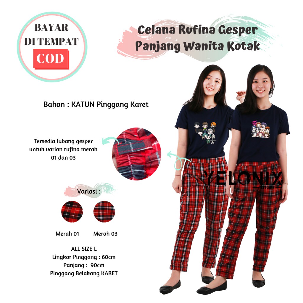 Celana Rufina GESPER Panjang Wanita Kotak  Pants Tartan Cewek Casual Katun Flanel Margaret - YELONIX