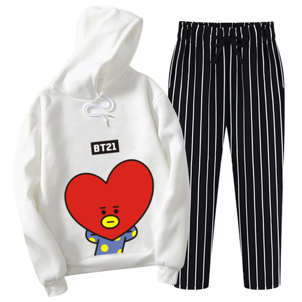 BESS - Setelan Hoodie Wanita Murah / Setelan Hoodie + Celana Salur Hitam - TA2 BW