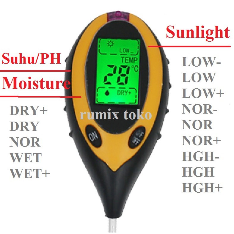 Soil Analyzer Tanah Tester Meter Moisture Meter PH Meter Sunlight Meter Suhu Alat Ukur 3 in 1 4 in 1