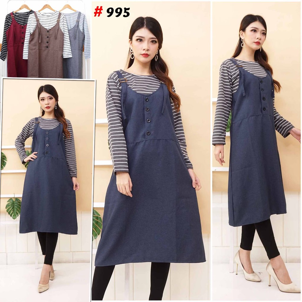 |JakartaFashion| Overall panjang linen tebal kancing depan 2 set inner salur pisah premium dress