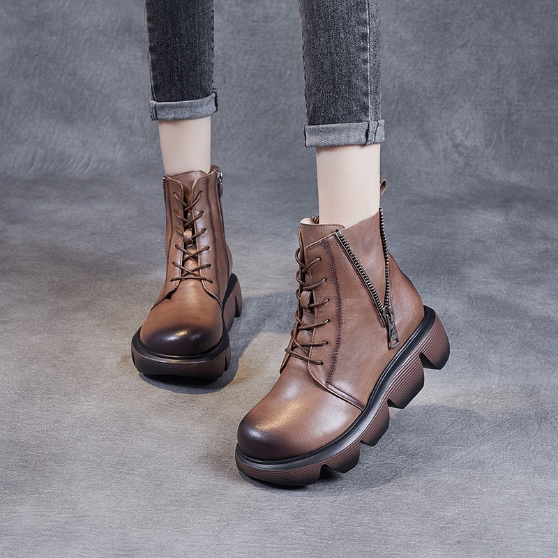 Sepatu Boot Kulit Wanita Branded Kulit Asli Platform Martin Boots Wanita Renda Zip Dekoratif    Sepa