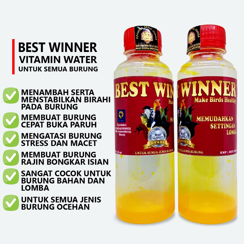 BEST WINNER | VITAMIN WATER MINUMAN MULTIVITAMIN UNTUK SEMUA JENIS BURUNG PLECI SOGON KOLIBRI MURAI KACER KENARI LOVEBIRD