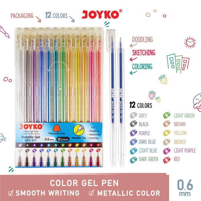 

TERBARU Color Gel Pen Pena Jel Warna Joyko GPC-317 Metallic Gel 12 Warna 0.6mm