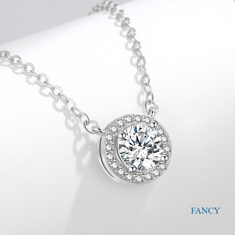 Kalung Rantai Sterling Silver 925 Hias Liontin Batu Zircon Bulat Untuk Wanita