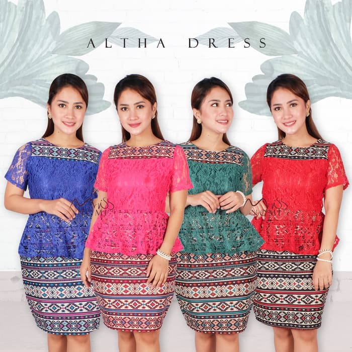 DRESS BATIK ALTHA dress pesta wanita brukat mix batik etnik/ gaun pesta natal mura - Merah  IWAZAH