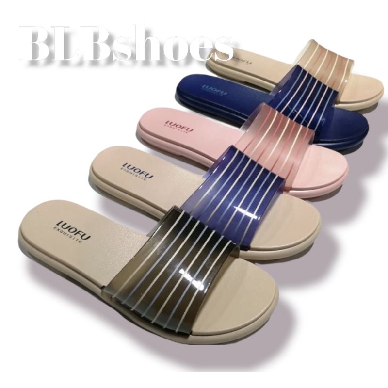 sandal wanita selop kokop Luofu terbaru nyaman sandal Luofu jelly kekinian motif selop garis garis sandal wanita empuk terbaru