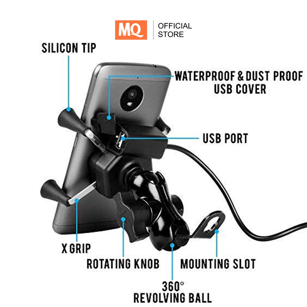 MQ Holder HP X-Grip + Charger USB Sepeda Motor