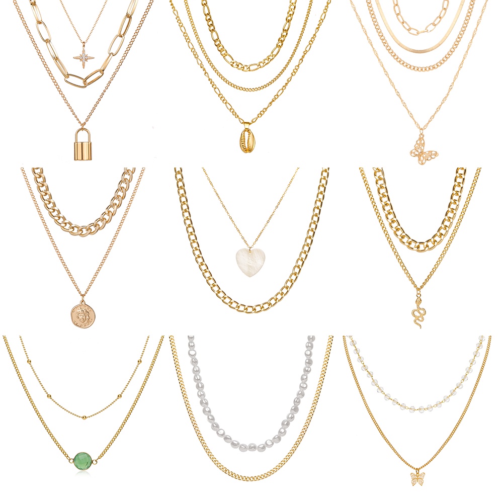 Fashion Vintage Gold Butterfly Multilayer Necklace with Bohemian Pearl Lock Clavicle Chain Necklace for Women Jewelry Accessories