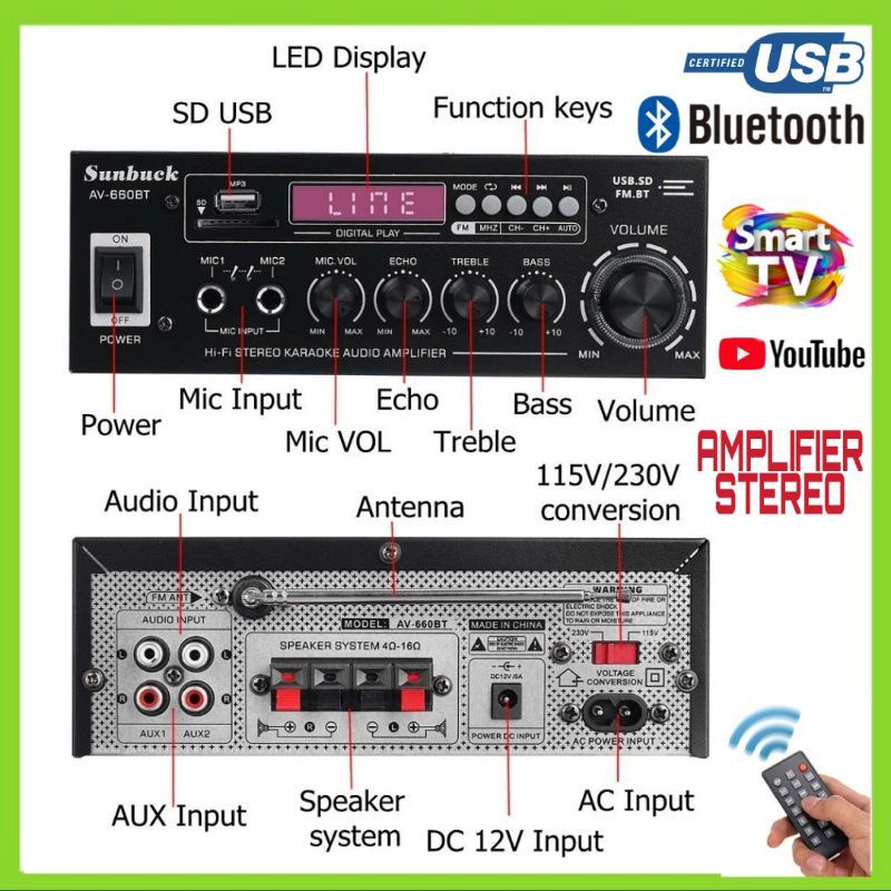 Amplifier Sunbuck Audio Bluetooth 5.0 2 Channel With Remot 2000 Watt