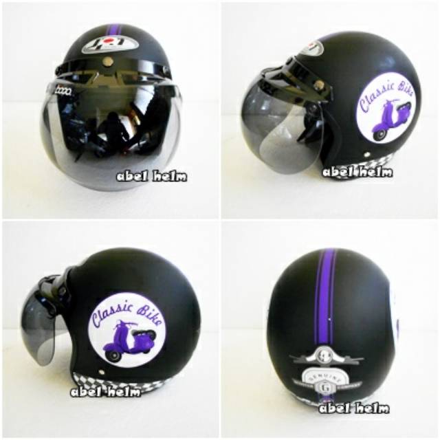 Helm bogo retro klasik standart classic bike hitam doff ungu kaca bogo