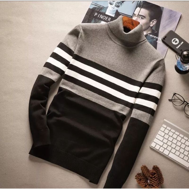 Sweater Hoodie Turtleneck Rajut Pria Pullover Strip Rajut O-neck