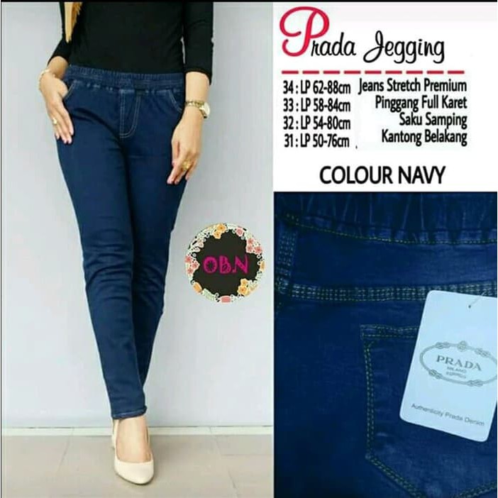  Celana  Jegging Jeans Wanita  Pinggang Karet Biru  Dongker  