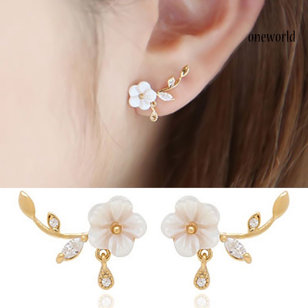 OW@ Earrings Flower Leaves Shape Design Beautiful Alloy Rhinestone Inlaid Ear Stud for Daily Life