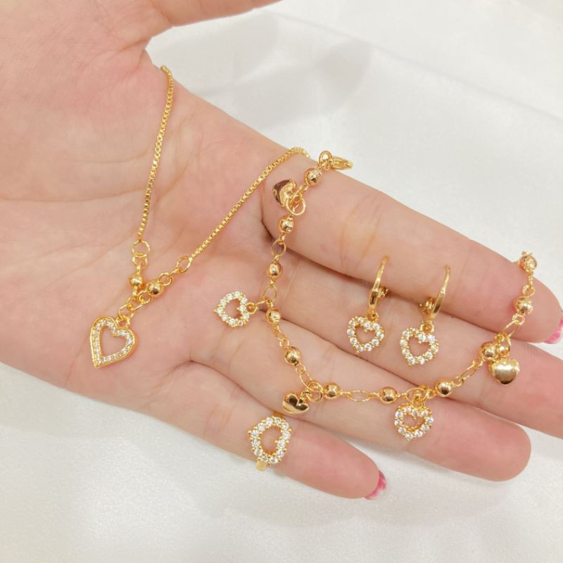 Set Perhiasan Anak Love Lapis Emas 18K Aksesoris Fashion Wanita Asesoris Kalung Gelang Cincin Anting