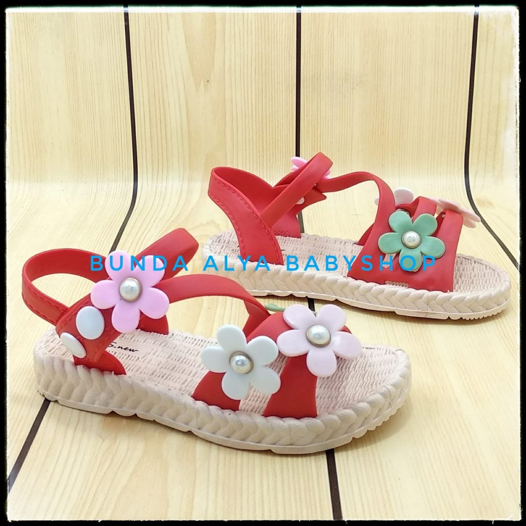 Sendal Anak Perempuan IMPORT Usia 4 5 6 Tahun MERAH - Sepatu Sandal Anak Cewek Tali Bunga Elastis Alas Karet Anti Licin