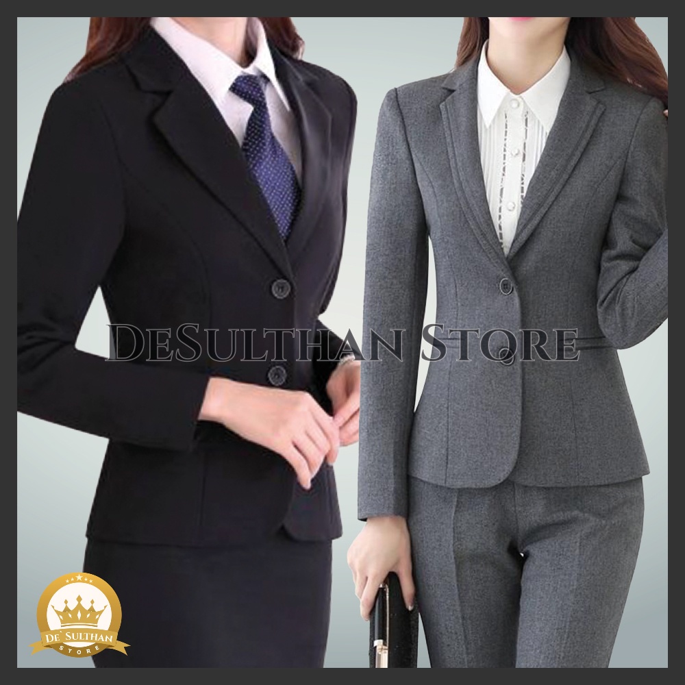 Blezer Wanita Korea Formal Wanita Hitam Abu S 5L Jas Wanita Kancing 2 Bahan Gabardine Premium / / Ka