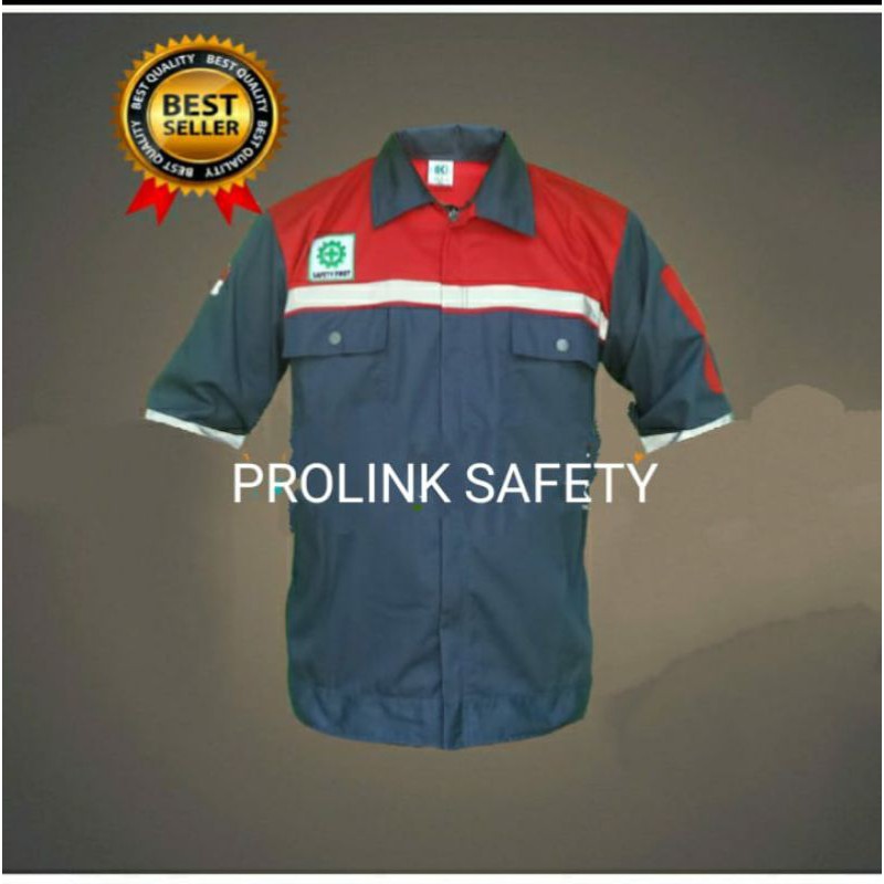 SERAGAM SAFETY LENGAN PENDEK RESLETING MERAH ABU FREE LOGO K3