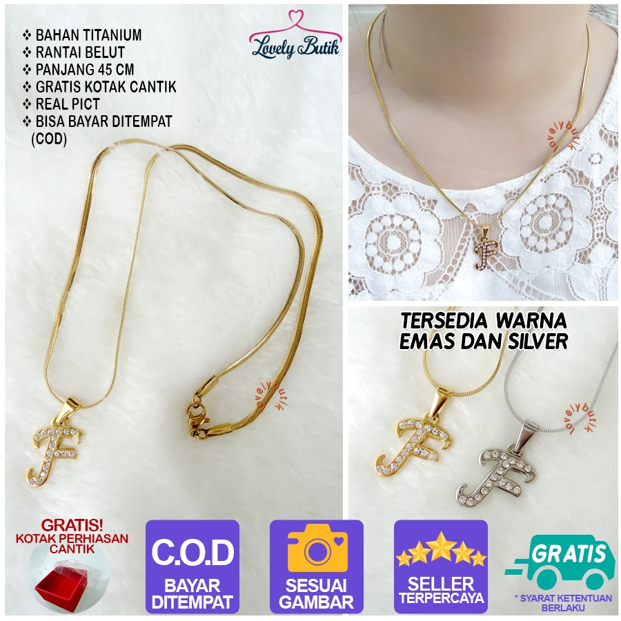 Lovelybutik - Kalung Inisial Huruf Titanium anti karat Kalung hurup Abjad Alphabet Ins F Klasik Bonus Kotak Perhiasan