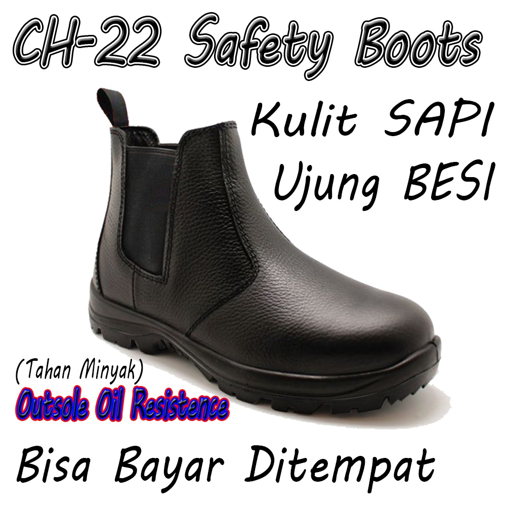 Sepatu Boots Pria Safety CH-22 Sefty Arboo Cheetah Kulit SAPI ASLI Ujung BESI Oil Resistence Tahan M