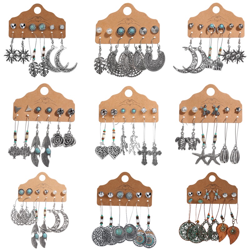 6 Pasang / Set Anting Tusuk Gaya Vintage Bohemian Bentuk Matahari / Daun / Bulan / Ukiran Hollow Untuk Wanita