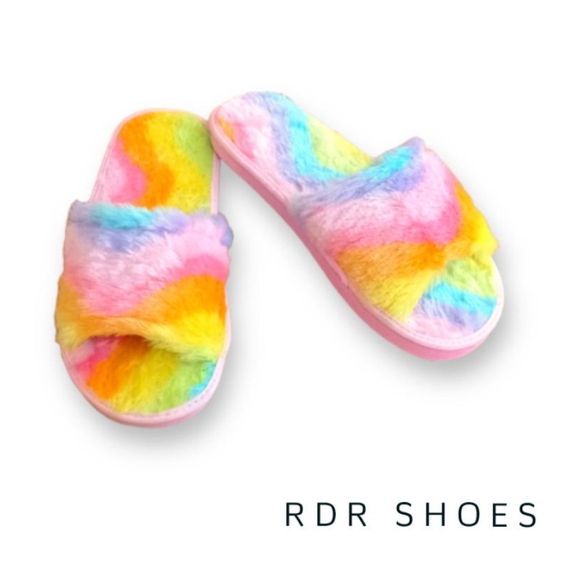 sandal rumah kokop full bulu pelangi - rainbow