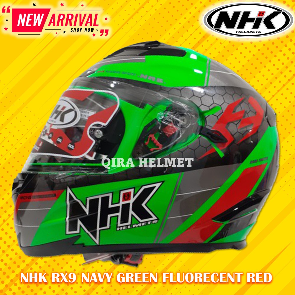 Helm Full Face Fullface NHK RX9 Navy Green Fluo Red Double Visor Motor