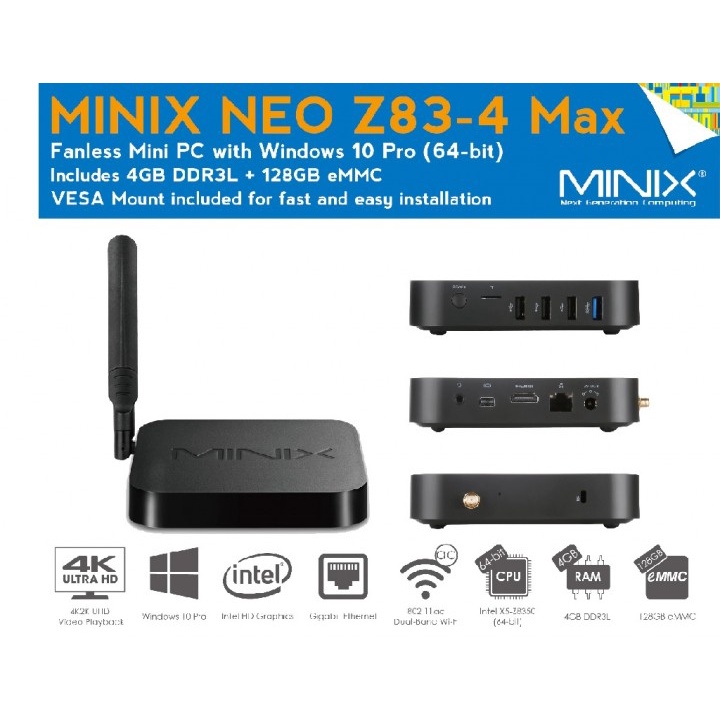 MINIX NEO Z83-4 MAX - Mini PC Win 10 - Intel Z8350 RAM 4GB eMMC 128GB