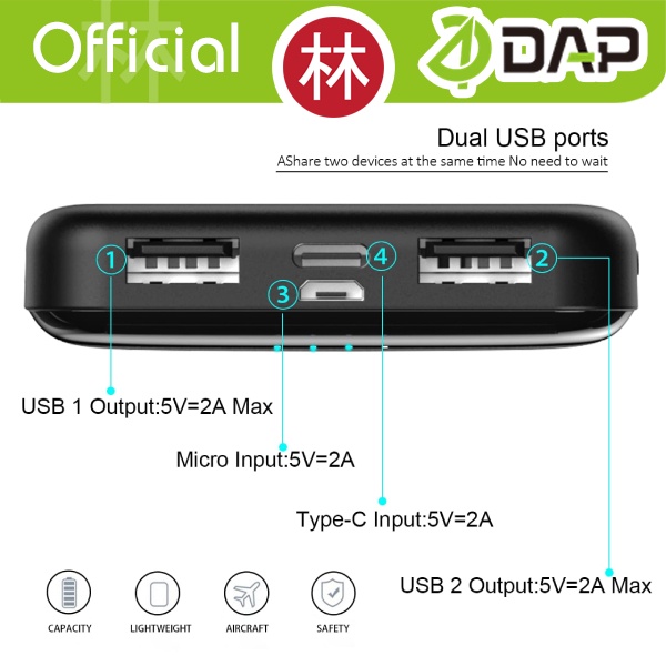 DAP D-P111 PowerBank 10.000 mah Dual Input Output Type C &amp; Micro USB