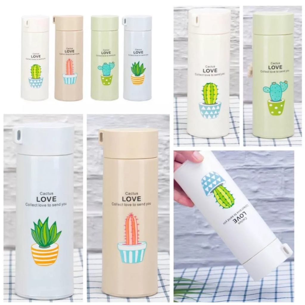 Botol Minum Kaca 450ml Karakter Motif Kaktus Lucu Unik Warna Warni Korea Cantik Free BPA Tahan Panas-Tempat Minuman Bahan Kaca Aesthetic Cover Plastik Thermos Tumbler Air 450 ml Murah Mini