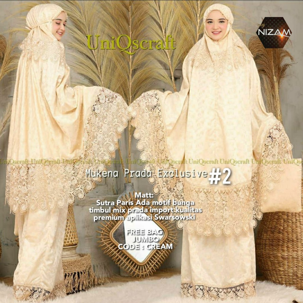 Mukena Dewasa Jumbo Terbaru Prada Bordir Exclusive Bahan Sutra Paris