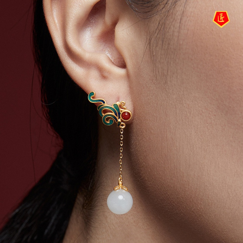 Gong Dian Tassel Long Hetian Jade Earrings Women 'S Ancient Painted Enamel South Red Stone Earrings Chinese Royal Court Style Cheongsam