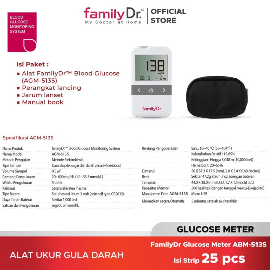 FamilyDr. Glucose AGM- 513 | FamilyDr Gluco Meter Alat | FamilyDr Gluco Strip (25T)