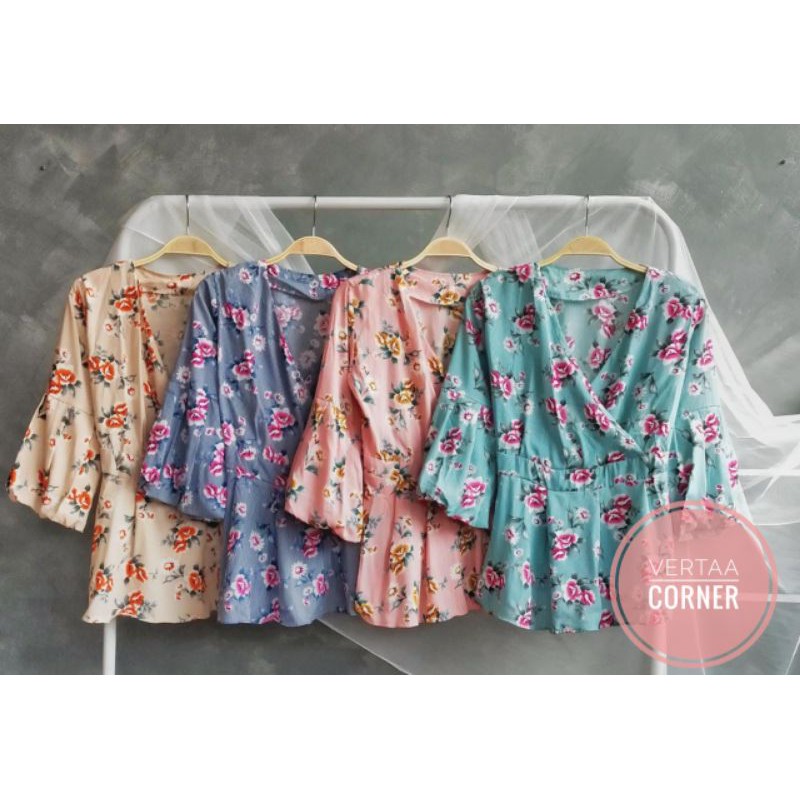 Blouse kimono peplum panjang motif bunga