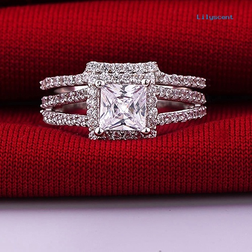 2pcs / Set Cincin 925 Sterling Silver Model Princess Cut Untuk Wanita