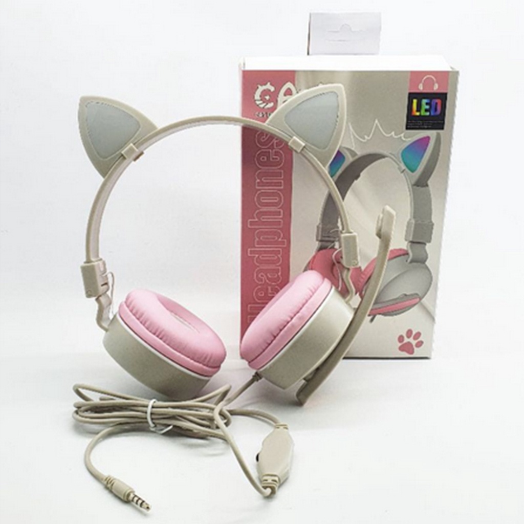 Headphone Bando Cat Ear BK-78 Wired Headset LED With Microphone 3.5mm