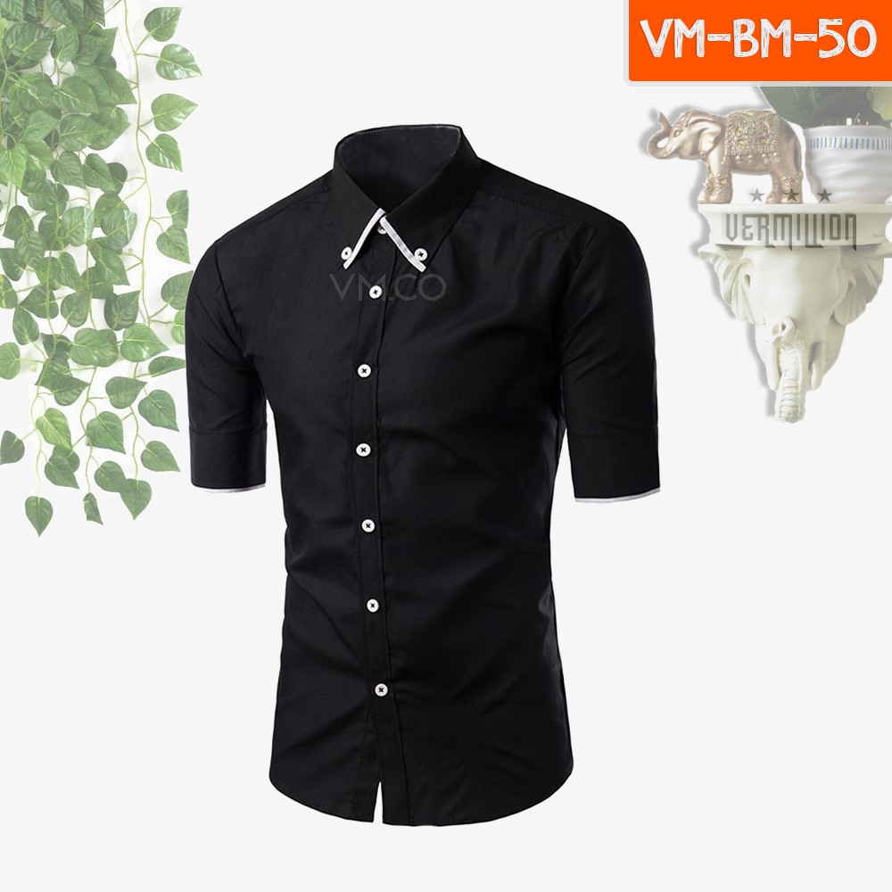 Kemeja Pria Casual Formal Lengan Pendek Solid Hitam Collar List Putih BM-50
