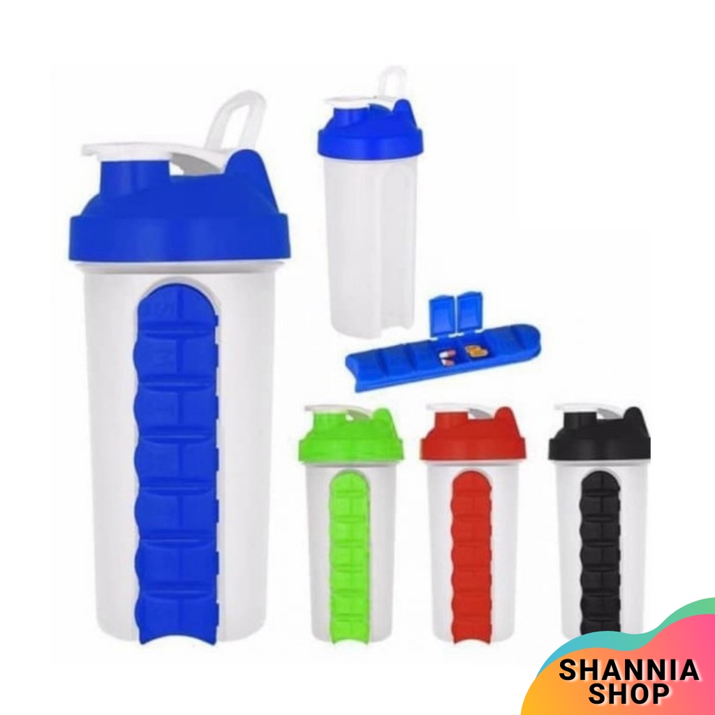 H6188 Botol Minum Shaker + Kotak Pill Obat Vitamin 600ml Gym Tumbler H-6188