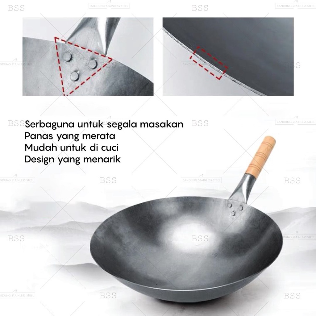 Wajan Besi Besar Tebal Wok Kuali Iron Pegangan Kayu 36cm 42cm 43cm Penggorengan Goreng