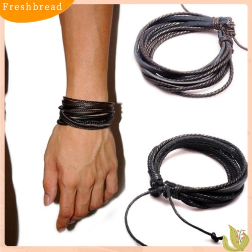 [Fresh] Gelang Tali Lilit Kepang Bahan Kulit Sintetis Multilayer untuk Pria / Wanita