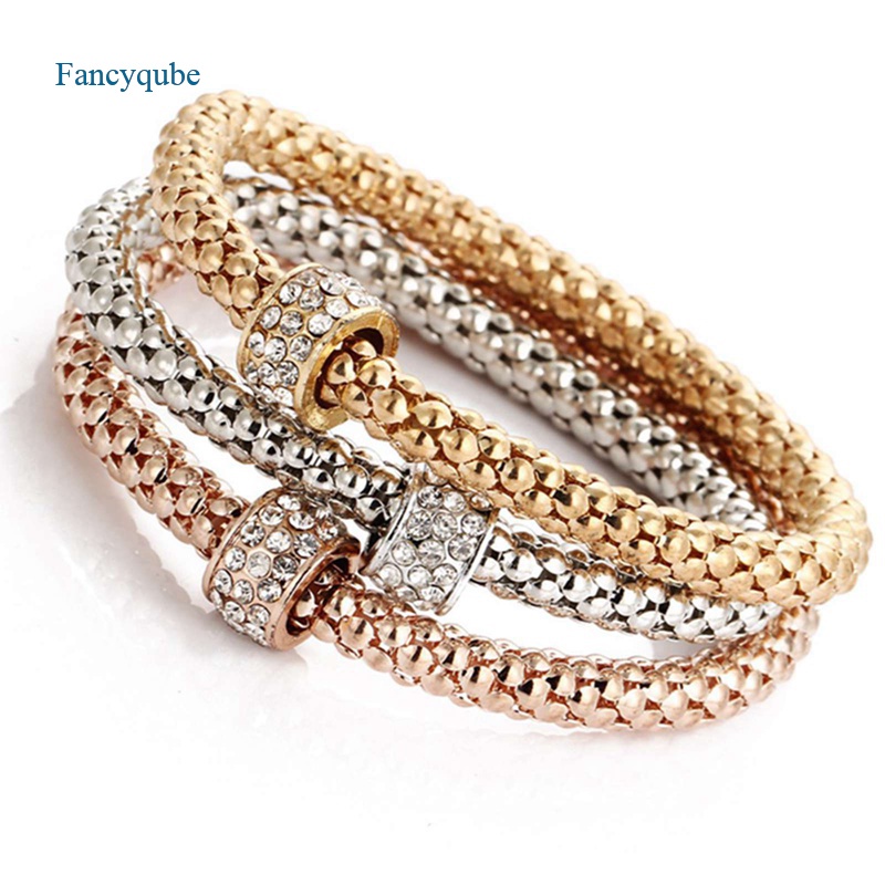 Fancyqube 3pcs / Set Gelang Bangle Berlian Imitasi Warna Rose Gold Silver Untuk Wanita